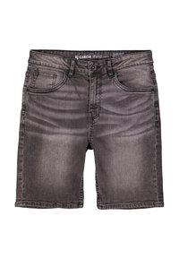 Grijze denim shorts met een klassieke snit, vijf zakken, riemlussen en subtiele vervaging. Heeft zwarte hardware op een ritssluiting en knoopsluiting.