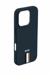 Námořnický silikonový obal na telefon se čtvercovým výřezem pro kameru, embosované logo "BOSS" a vertikální pruhovaný design v černé, bílé a hnědé barvě.