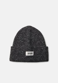 Gorro de malha em cinza escuro com uma aba dobrada. Apresenta um pequeno rótulo branco com o texto "DRYKORN". Material texturizado e quente.