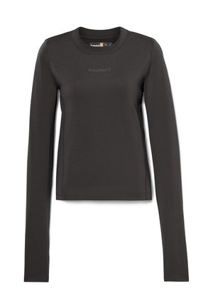 Camiseta de manga larga negra hecha de tela suave. Presenta un escote redondo y el logo de Timberland impreso de manera sutil en el pecho.