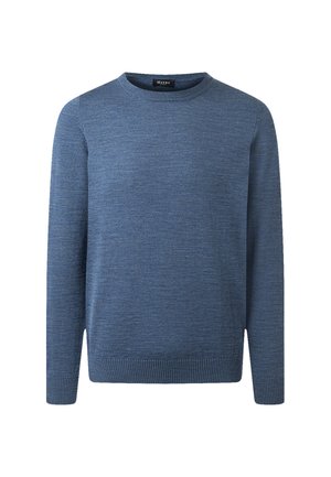 Blue long-sleeve crew neck sweater with ribbed cuffs and hem, made of fine knit fabric.