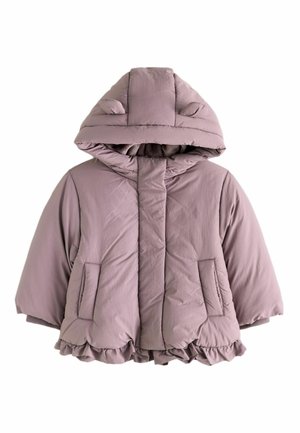 Puffervinterjakke i blød mauve med hætte, der har små ører, frontlynlås, to sidelommer og en flæsekant i bunden.