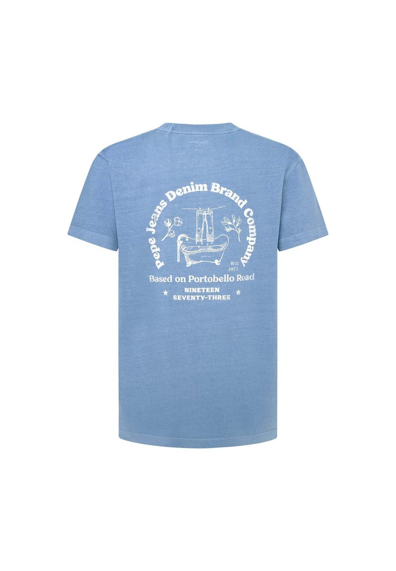 Blaues Baumwoll-T-Shirt mit kurzen Ärmeln, das auf der Rückseite weißen grafischen Text und Illustrationen zeigt, einschließlich des Logos und eines Badewannen-Designs.