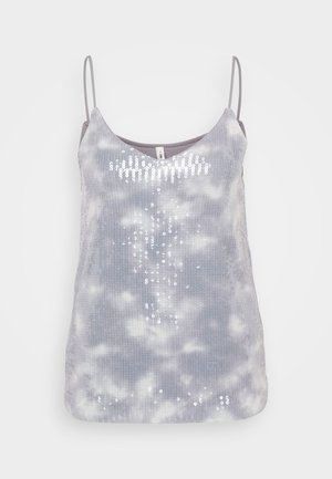 Grijze tanktop met een zachte textuur, voorzien van een tie-dye patroon en paillettenaccenten in een verticale opstelling, met verstelbare dunne bandjes.