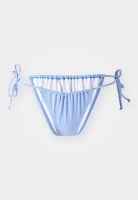 Light blue bikini bottom made of smooth fabric. Features a gathered waistband, white lining, and adjustable side ties.