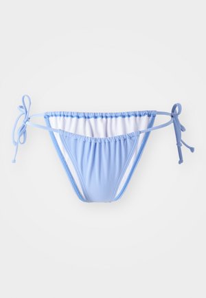 Light blue bikini bottom made of smooth fabric. Features a gathered waistband, white lining, and adjustable side ties.