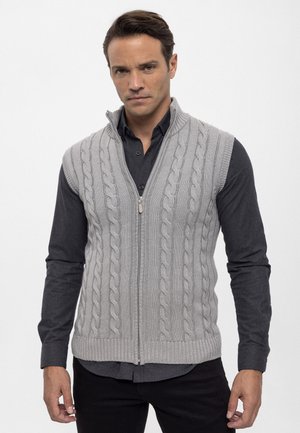 Chaleco de punto gris con patrón de trenzado, cierre de cremallera y dobladillo acanalado, usado sobre una camisa de botones oscura, con una forma ajustada.