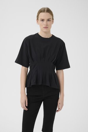 Maglietta nera in cotone a maniche corte, con un design plissettato in vita, dal fit rilassato e con scollatura rotonda.