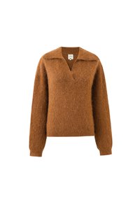 Brauner Strickpullover, weiche Textur, V-Ausschnitt mit Kragen, lange Ärmel und lockere Passform. Minimalistisches Design, keine Muster oder Akzente.