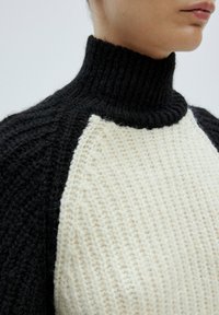 Zwarte en crèmekleurige gebreide trui met een ribgebreide col. Bevat een gemêleerd patroon, contrasterende kleuren en raglan mouwen.