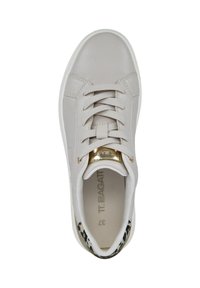 Light gray leather sneaker with a rounded toe, lace-up design, gold accent on the tongue, and a patterned interior lining.