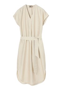 Robe midi beige à manches courtes, col en V, ceinture en tissu assorti et ourlet arrondi.