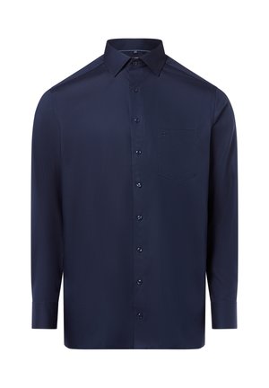 Herrenlangarmhemd in Marineblau mit Knopfleiste, spitzem Kragen und Brusttasche, auf weißem Hintergrund präsentiert.