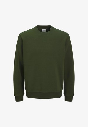 Tumes roheline sweatshirt ümmarguse kaelusega, ribakäiste ja -äärega. Valmistatud pehmest kangast, lihtsa disainiga ja minimaalsete brändinguelementidega.