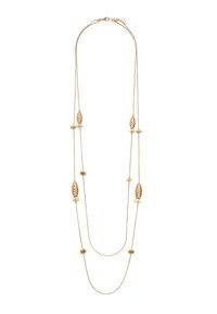 Złoty naszyjnik z akcentami w kształcie ryb i okrągłych koralików, z dwiema warstwami i delikatnym łańcuszkiem, prezentujący gładkie, polerowane wykończenie.