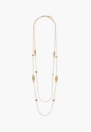 Złoty naszyjnik z akcentami w kształcie ryb i okrągłych koralików, z dwiema warstwami i delikatnym łańcuszkiem, prezentujący gładkie, polerowane wykończenie.