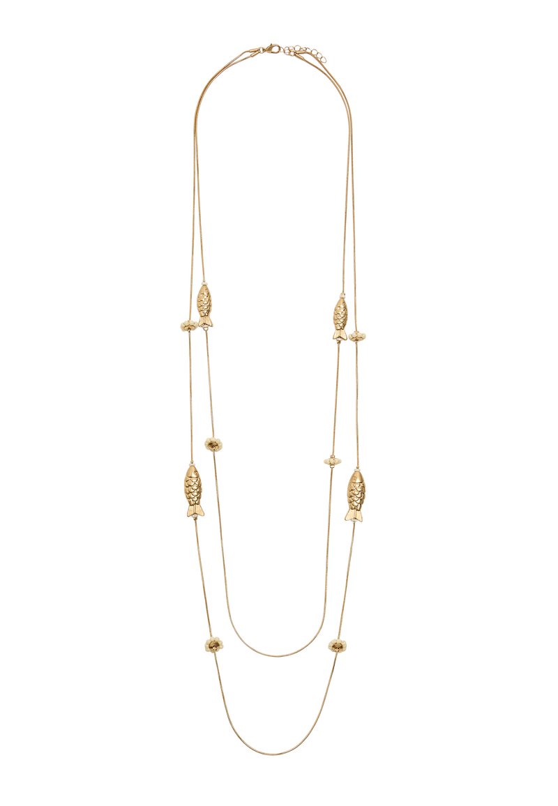 Złoty naszyjnik z akcentami w kształcie ryb i okrągłych koralików, z dwiema warstwami i delikatnym łańcuszkiem, prezentujący gładkie, polerowane wykończenie.