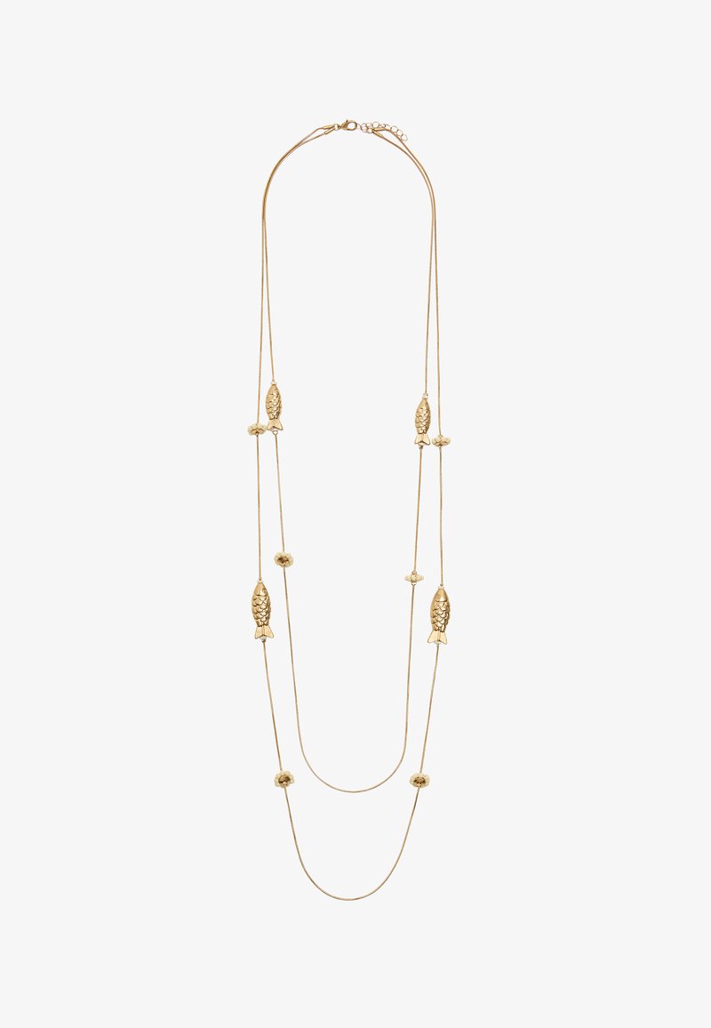 Złoty naszyjnik z akcentami w kształcie ryb i okrągłych koralików, z dwiema warstwami i delikatnym łańcuszkiem, prezentujący gładkie, polerowane wykończenie.