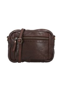 Borsa a tracolla in pelle marrone con una tasca frontale con zip, superficie testurizzata e tracolla regolabile. Forma compatta rettangolare.