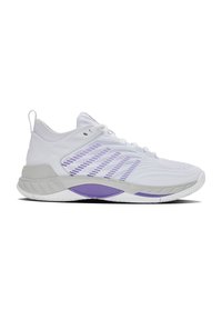 White athletic shoe with purple accents, featuring a textured upper, mesh sections, and a cushioned sole for support and comfort.