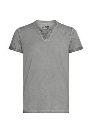 Gray short-sleeve t-shirt with a V-neck and three-button placket, featuring a soft texture and slightly faded finish.