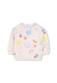 Lichtroze sweatshirt met kleurrijke cartoonpatronen, waaronder bloemen, lachende gezichten en wolken. Geribbelde manchetten en halslijn. Zachte textuur.