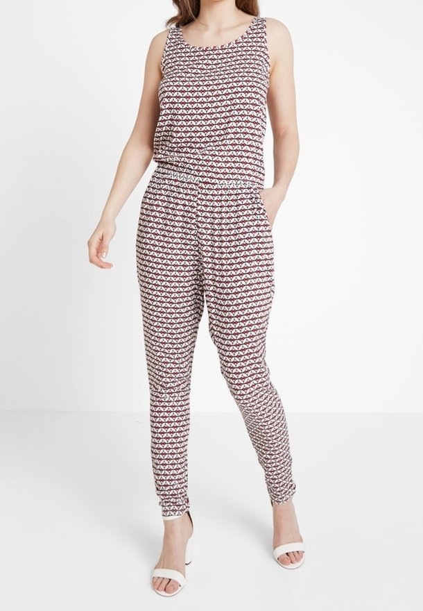Flerfärgad jumpsuit med ett mönstrat linne, elastisk midja och avsmalnande ben. Tillverkad av lättviktsmaterial med sidofickor.