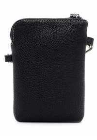 Schwarze, strukturierte Leder-Crossbody-Tasche mit Reißverschluss und schmalem Seitengurt.