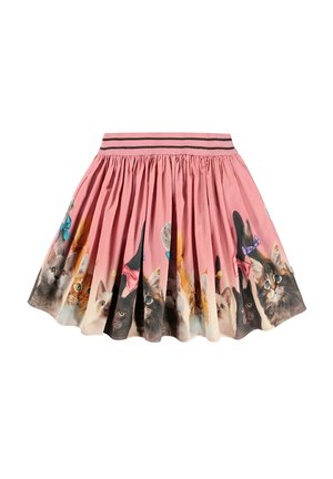 Roze geplooide rok met realistische kattengezichten met kleurrijke strikken langs de zoom en een tailleband met twee zwarte strepen.