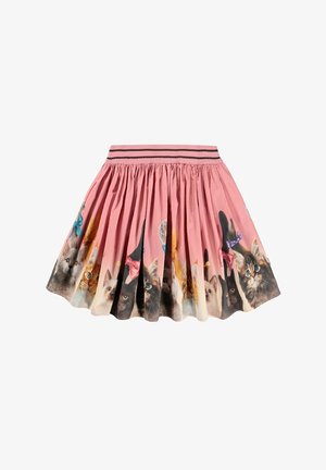 Falda plisada rosa con caras realistas de gatos con lazos de colores a lo largo del dobladillo y una cintura con dos rayas negras.