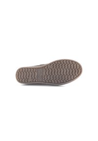 Semelle de chaussure en caoutchouc marron avec une surface texturée, arborant un motif en zigzag et le logo "Gabor" embossé à l'arrière.