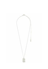 Collana in argento con pendente rettangolare texturizzato e una delicata catena. Lunghezza regolabile con un piccolo ciondolo.