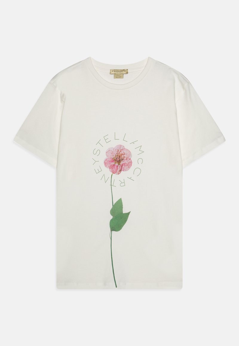 White cotton t-shirt featuring a pink flower graphic with green leaves and circular text. Short sleeves and a crew neck design.