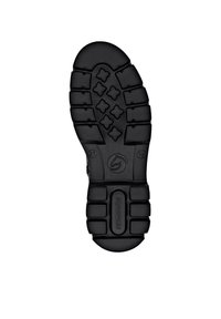 Black rubber shoe sole featuring a tread pattern with diamond shapes and ridges, including a circular logo and size markings.