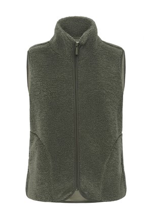 Veste sans manches en molleton vert olive avec fermeture éclair, col montant et tissu sherpa texturé et doux.