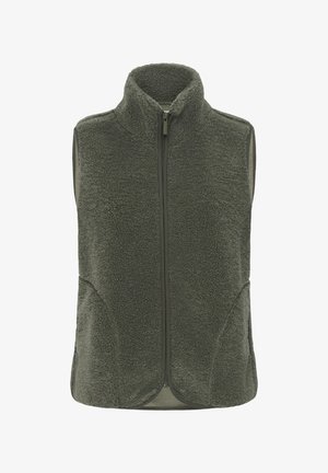Vestă fără mâneci de culoare verde măsliniu, din fleece, cu fermoar și guler înalt, confecționată dintr-un material sherpa texturat și moale.