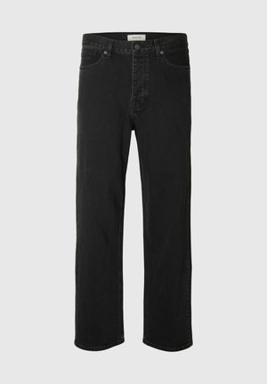 Svarte denimjeans med rett ben har et klassisk fem-lommers design, knappestengning, minimal søm og en myk tekstur.