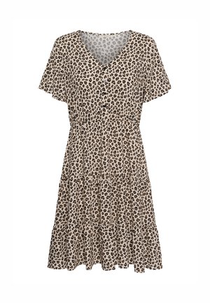 Beige korte mouwen jurk met laagjes rok, V-hals, knopen aan de voorkant en bruin-zwarte luipaardprint.