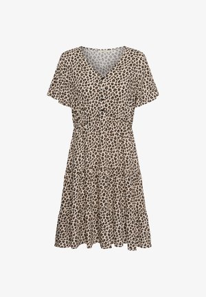 Beige short-sleeve dress with tiered skirt, V-neck, buttons down front, and brown and black leopard print pattern.