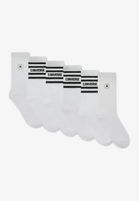 White crew socks, six-pack, featuring "CONVERSE" text and black stripes. Material is cotton blend, smooth texture, with a logo patch on sides.