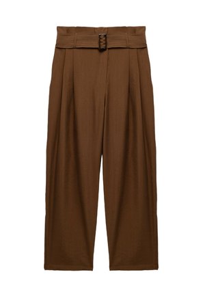 Brown wide-leg trousers with a belted high waistband, featuring pleats at the front, crafted from a textured, lightweight fabric.