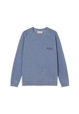 Ronde hals sweatshirt in lichtblauw, gemaakt van zachte stof. Kenmerkt ribgebreide manchetten en onderkant, met een klein zwart logo op de voorkant.