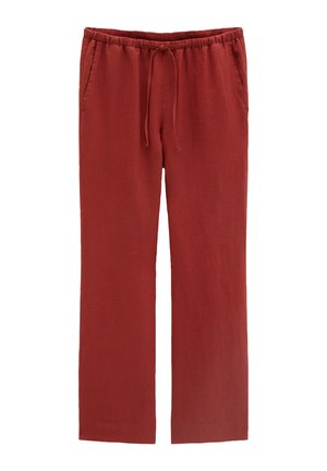 Pantalon casual rouge rouille avec taille élastique et cordon, jambes droites et poches latérales.
