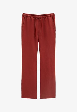 Pantalon casual rouge rouille avec taille élastique et cordon, jambes droites et poches latérales.