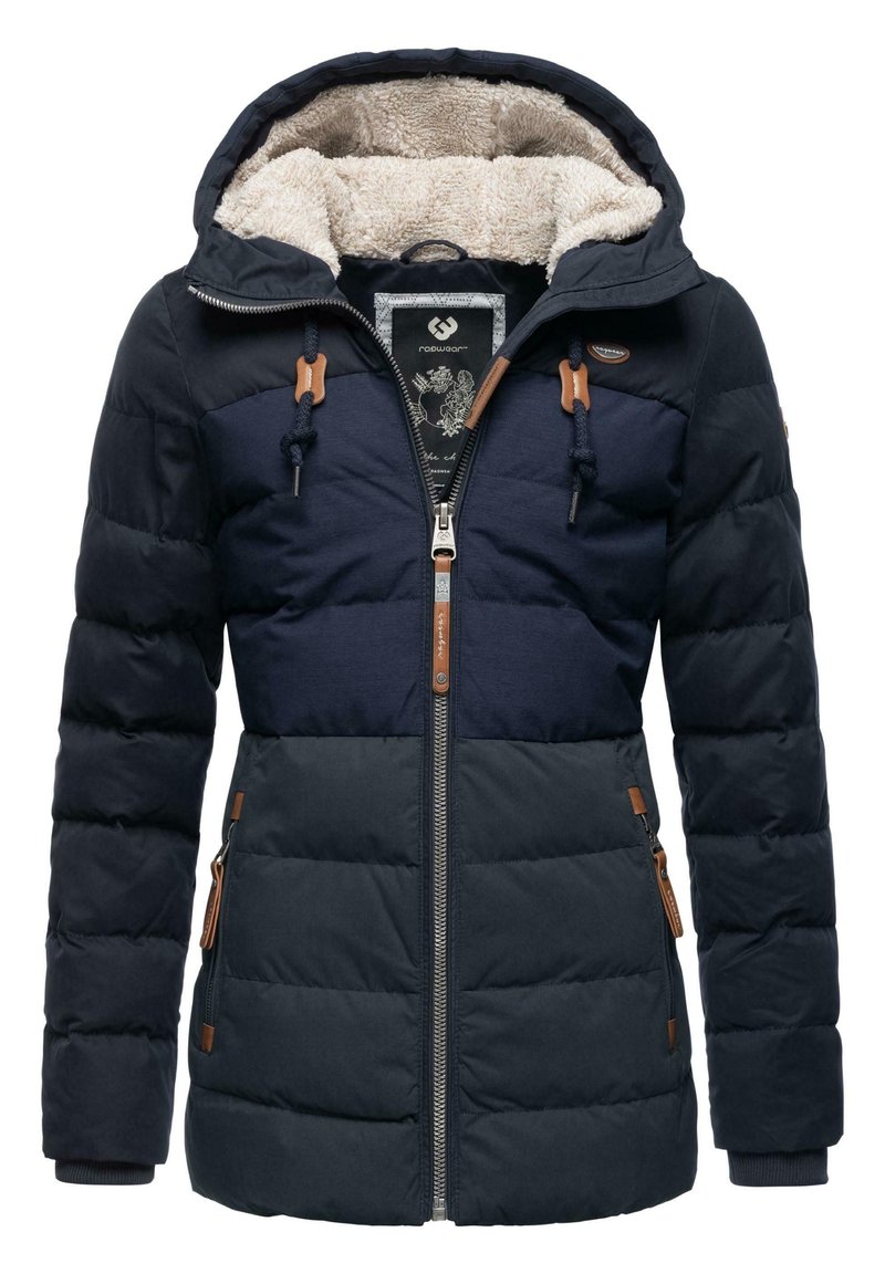 Navy pufferjacka med fleecefoder i huva, kontrasterande övre panel, bruna detaljer, dragkedjestängning och sidofickor. Mjuk textur inuti.