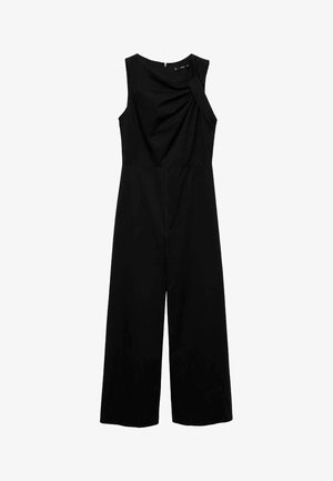 Black sleeveless jumpsuit with a twisted fabric detail at the shoulder, wide leg design, smooth texture, and back zipper closure.