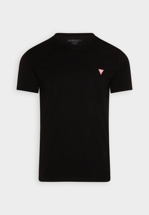 Zwarte t-shirt met korte mouwen, gemaakt van katoen. Heeft een klein rood driehoeklogo op de linkerborst. Eenvoudig, klassiek ontwerp.