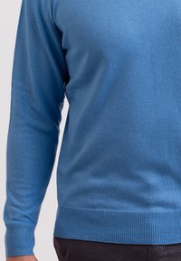 Helles blaues Sweatshirt aus strukturiertem Stoff; verfügt über lange Ärmel, Rippbündchen und Saum für eine figurnahe Passform.