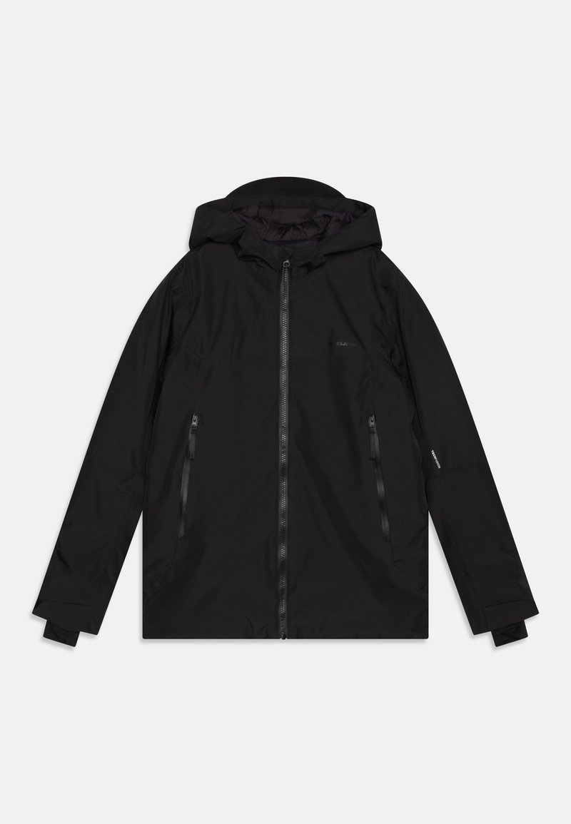 Veste imperméable noire avec capuche, fermeture éclair frontale et deux poches latérales. Présente un design sans coutures et des poignets ajustables pour un meilleur ajustement.