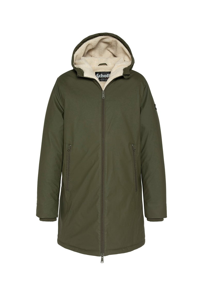 Abrigo de invierno largo en verde oliva con cremallera frontal, bolsillos laterales con cremallera y capucha forrada de felpa beige.